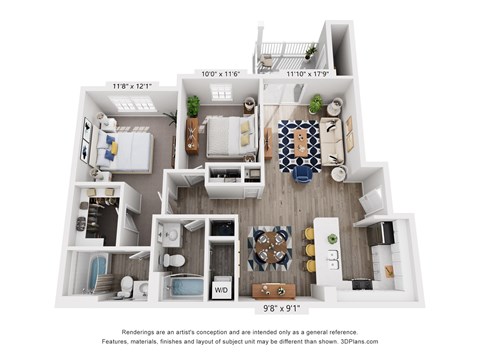 Floor plan for 2 beds, 2 baths, 1030 sqft